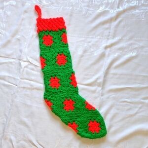 Vintage  60's 70's Crochet Granny Square Christmas Stocking